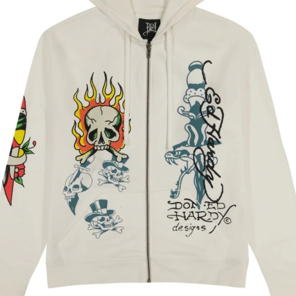 NEW Ed Hardy Ivory Sweatshirt with Skull and Flame Design Y2K - XL